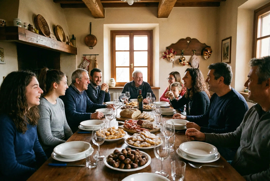 9 persone a tavola che mangiano i piatti di Carnevale: tortellini, sfrappole, raviole dolci, tigelle
