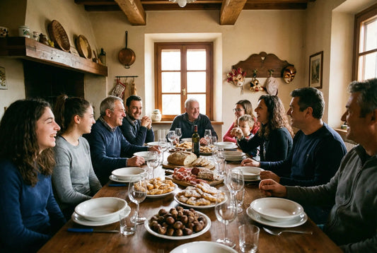9 persone a tavola che mangiano i piatti di Carnevale: tortellini, sfrappole, raviole dolci, tigelle