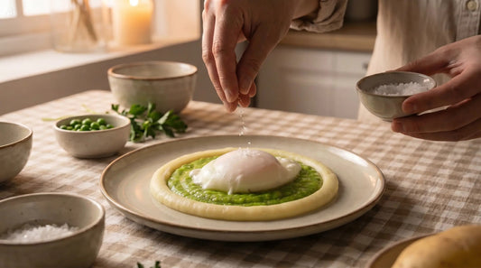 Uovo in camicia su crema di piselli e patate