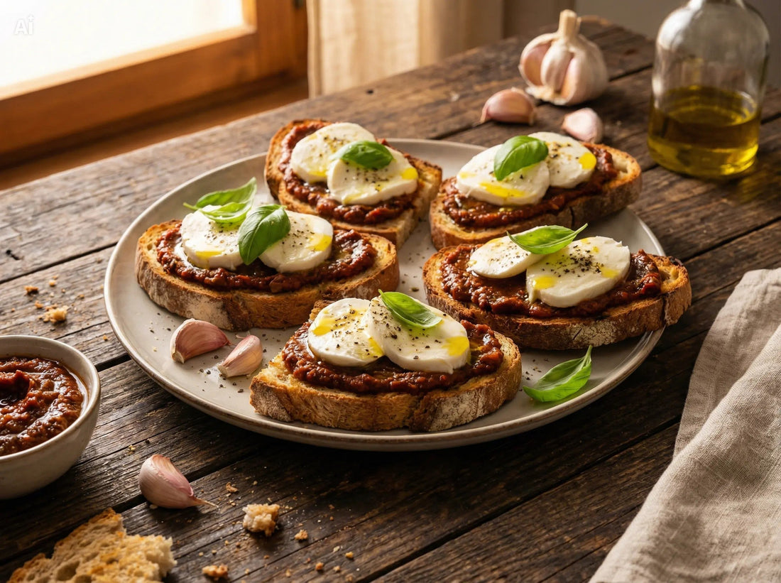 Crostini sfiziosi con friggione, mozzarella e basilico fresco