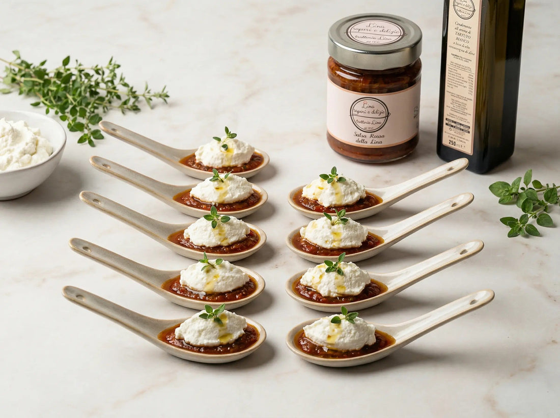 Cucchiaini degustazione con salsa rossa e ricotta montata