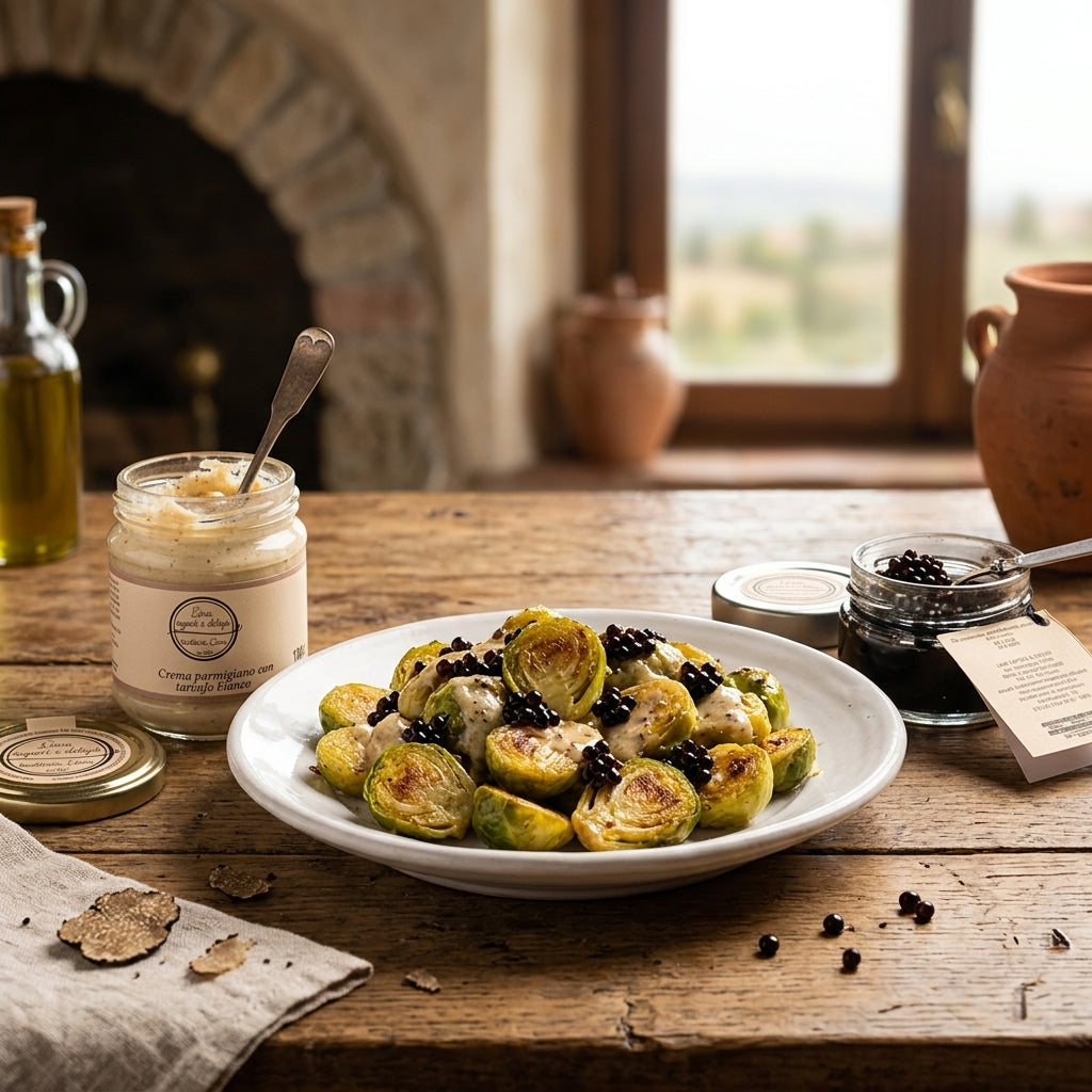 Cavolini di Bruxelles dorati con Salsa al Parmigiano e Tartufo e Perle di Aceto Balsamico