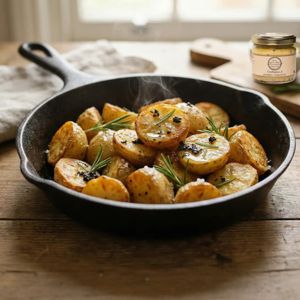 Patate croccanti in padella, con burro al tartufo estivo e rosmarino