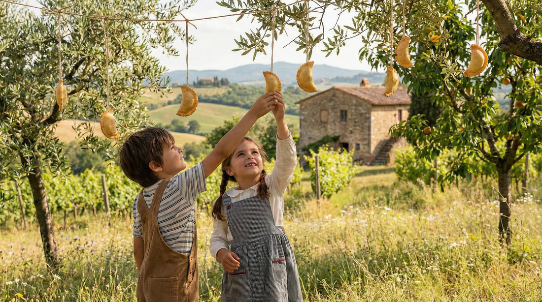 L’immagine è una scena ambientata in campagna, con rami di alberi in un paesaggio rurale, bambini italiani che raccolgono raviole dolci bolognesi appese ai rami. Tutto illuminato dalla luce del giorno