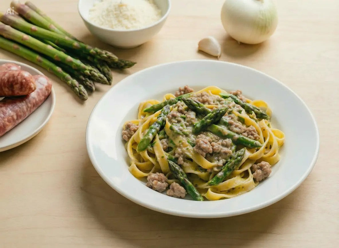 Tagliatelle con Ragù di Asparagi e Salsiccia