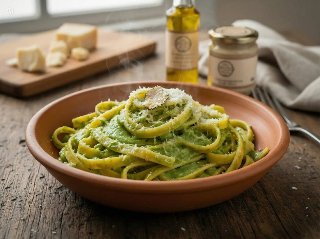 Tagliatelle con crema di piselli e tartufo