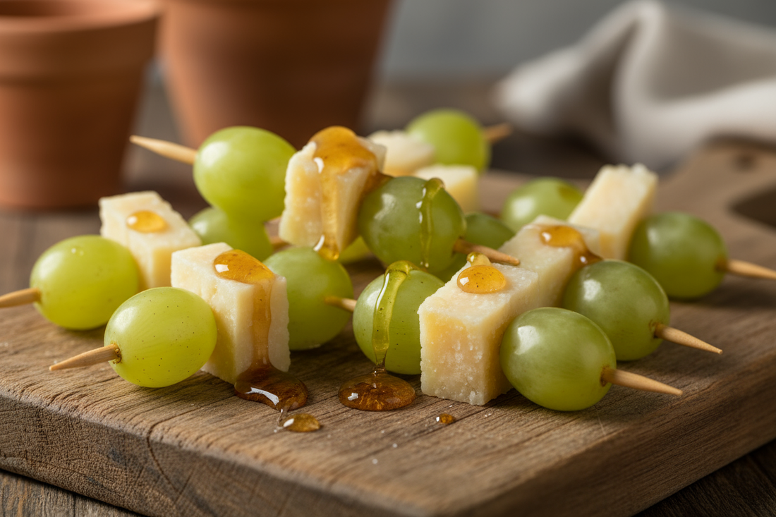 Spiedini d’uva, parmigiano e miele d’acacia