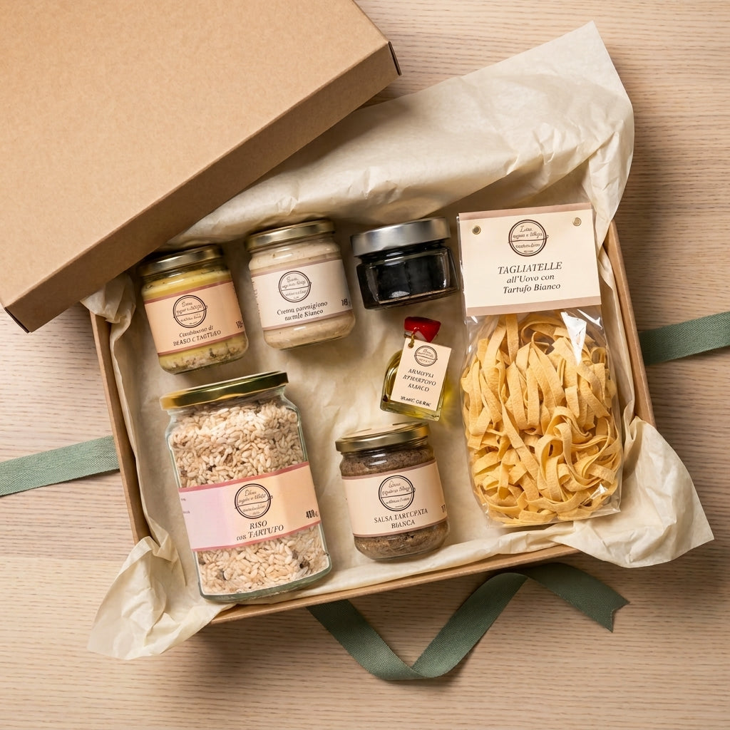 Box regalo premium al tartufo con sette specialità in confezione avana