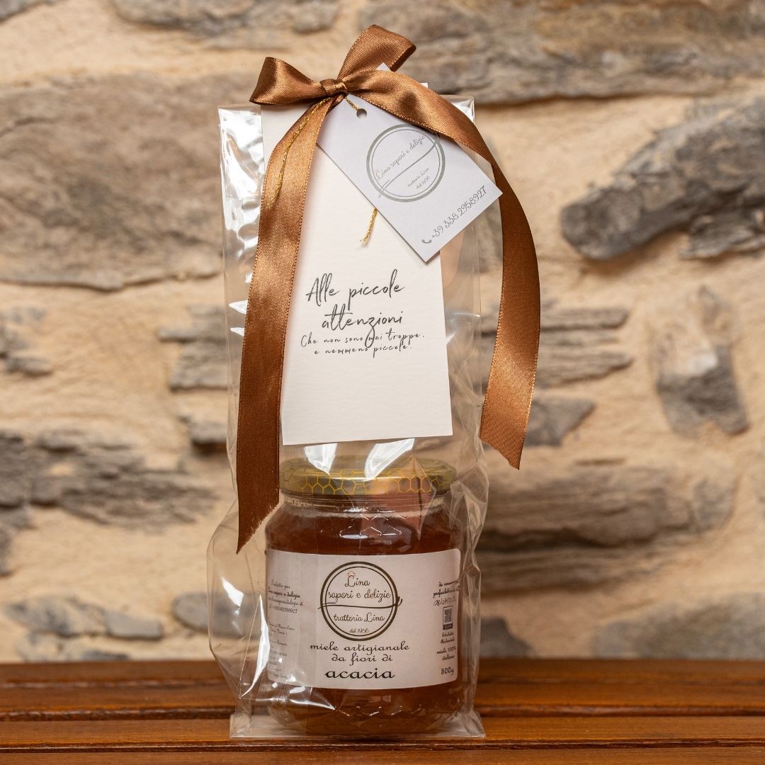 Confezione regalo Miele d'acacia artigianale con tag Alle piccole attenzioni Lina Sapori e Delizie