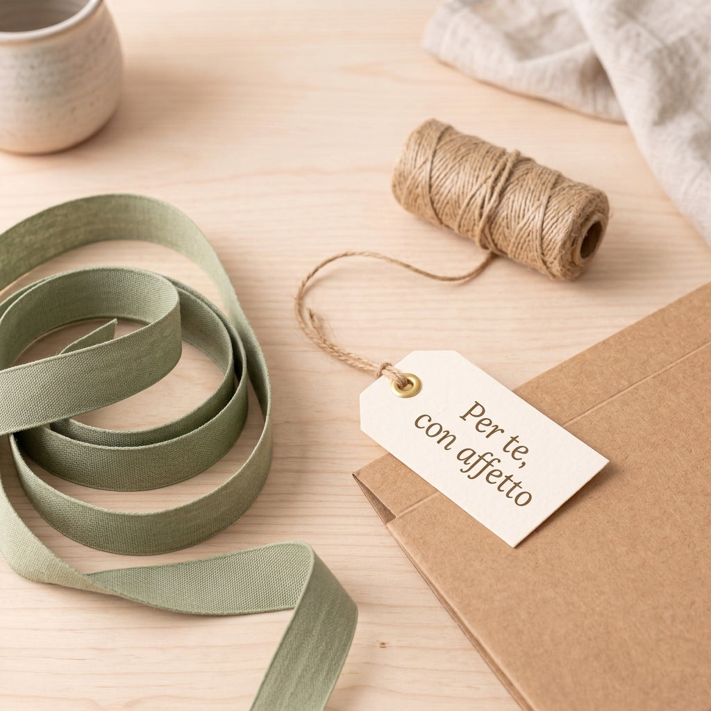 Dettaglio della personalizzazione della box regalo con nastro verde salvia e cartellino dedicato
